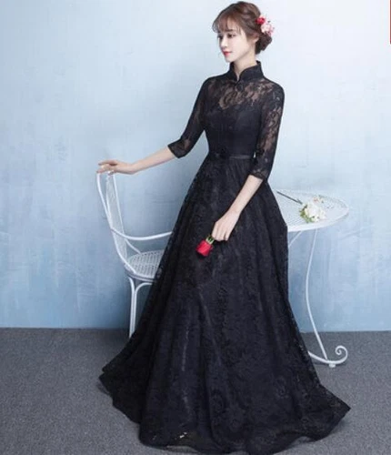 Chinesischer Stil Spitze Blumen Langarm schwarz Kleider Damen formell Cocktailkleid - Bild 15 von 17