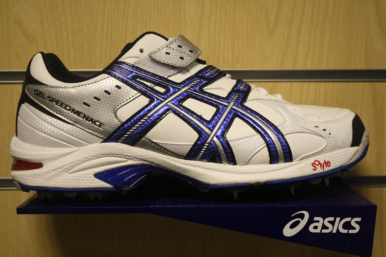 ASICS Cricket Shoes Bowling Boots Spikes Gel Speed Menace White Blue Black