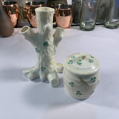 Belleek Fermanagh Green Mark Porcelain Shamrock Tree Trunk  Vase VQS And Barrel