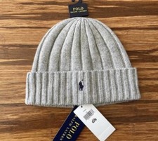 Polo Ralph Lauren Signature Merino Wool Blend Cuffed Beanie Gray With Navy New