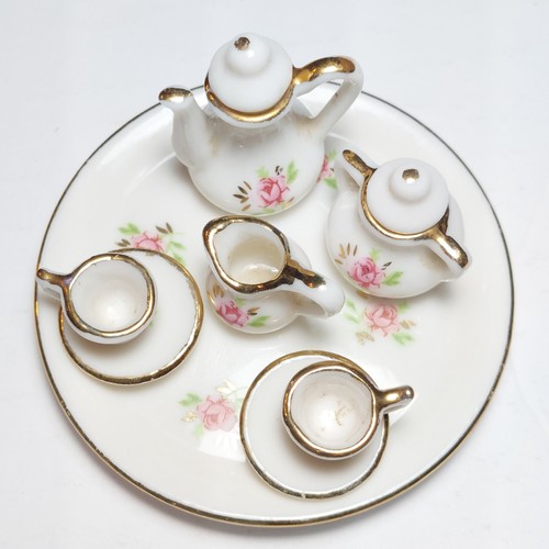 Juego de té de porcelana en miniatura estampado rosa adorno dorado 10 piezas de Rice Products - Imagen 12 de 12