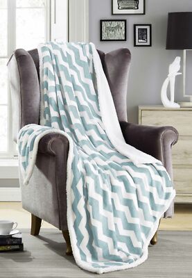 Blue Reversible Sherpa Plush Fleece Throw Blanket: Chevron Design, 50