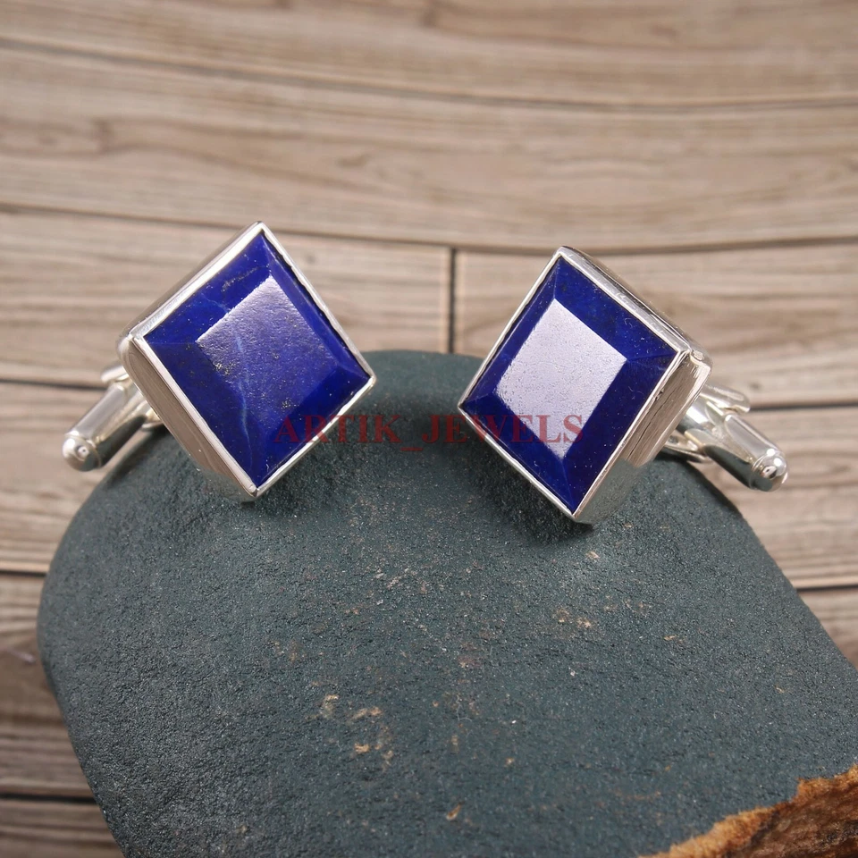 Piedra preciosa natural de lapislázuli con gemelos de plata de ley 925 #3616 Foto 3 de 3