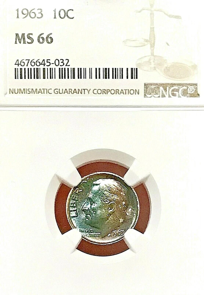 VIVID RAINBOW TONING! 1963 ROOSEVELT DIME NGC MS-66 - Image 3 of 3