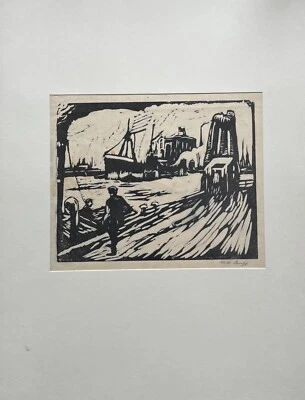 Holzschnitt Willi Lange Schiffe im Hafen Hamburg mit Arbeitern Vintage - Bild 1 von 4