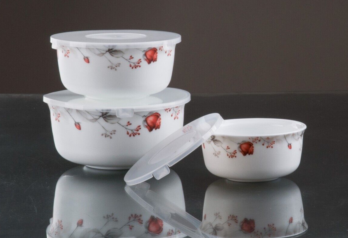 Opal Glass Bowls Set 3 Pieces Food Storage Set , Floral Design BPA Free