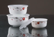 Opal Glass Bowls Set 3 Pieces Food Storage Set , Floral Design BPA Free