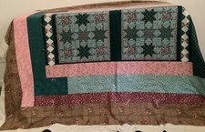 Quilted Handmade Stars Floral Throw/ Blanket Cream Trim 71 X 58
