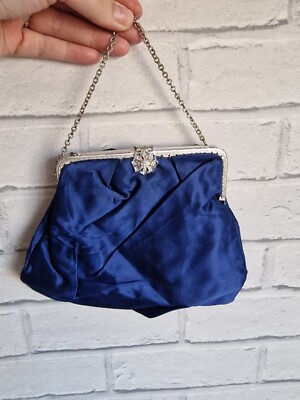 Vintage Purse Bag Evening Royal Blue Silver Metal Frame Chain