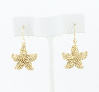 10k Yellow Gold Puffy Starfish Seashell Earrings Dangle Drop 1 1/4'' x 3/4''