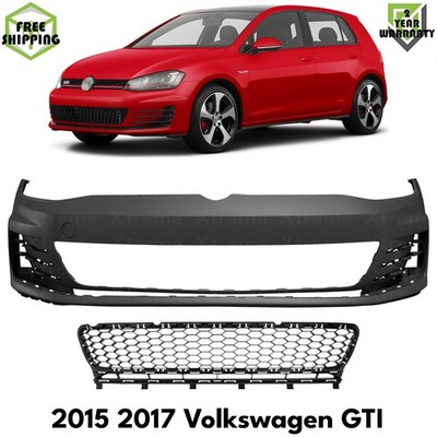 Front Bumper Cover Primed Plastic & Bumper Grille For 2015 2017 Volkswagen GTI