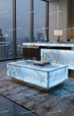 24''x30'' Blue Onyx Executive Desk Translucent Stone Office Table (LED Backlit)