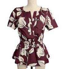 Sugarlips Burgundy Brown Floral Smocked Waist Peplum Top V Neck Short Sleeve S