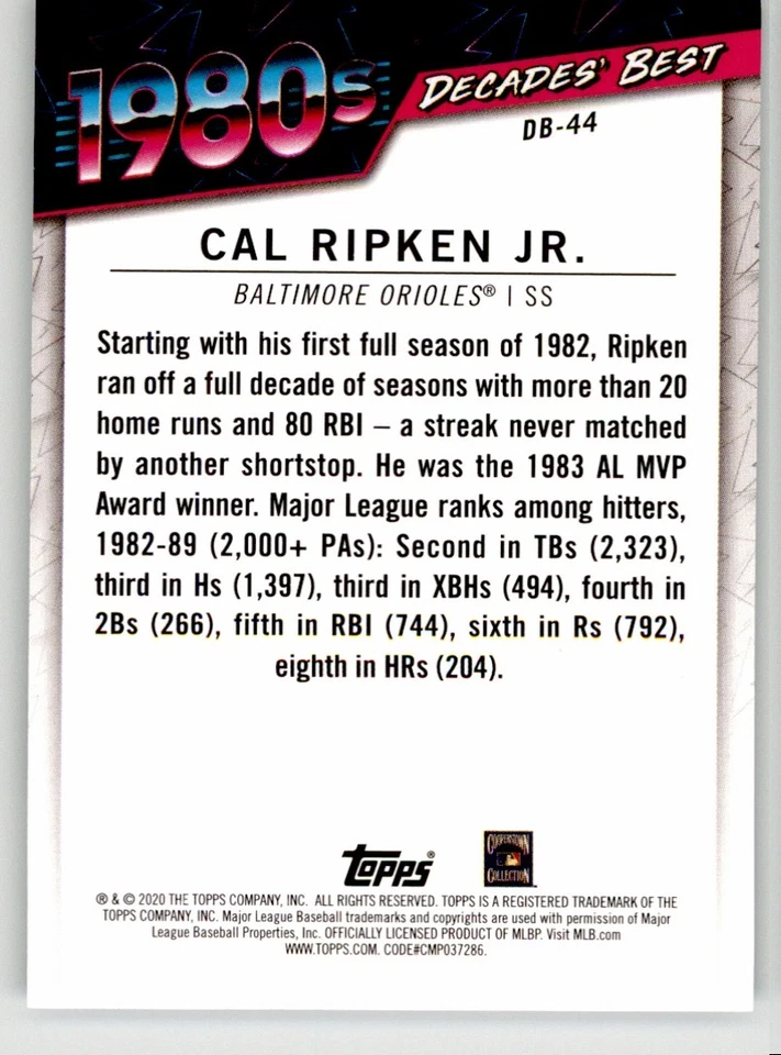 Cal Ripken Jr. 2020 Topps Decades' Best (Series One) DB-44 Baltimore Orioles - Image 2 of 2