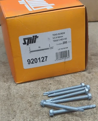 Spit 920127 Tek Screws 5.5 X 62mm Hex Head box 200 Self Drilling Metal Fixing