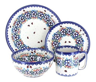 Blue Rose Polish Pottery Scarlett 4 PC Place Setting - Service for 1