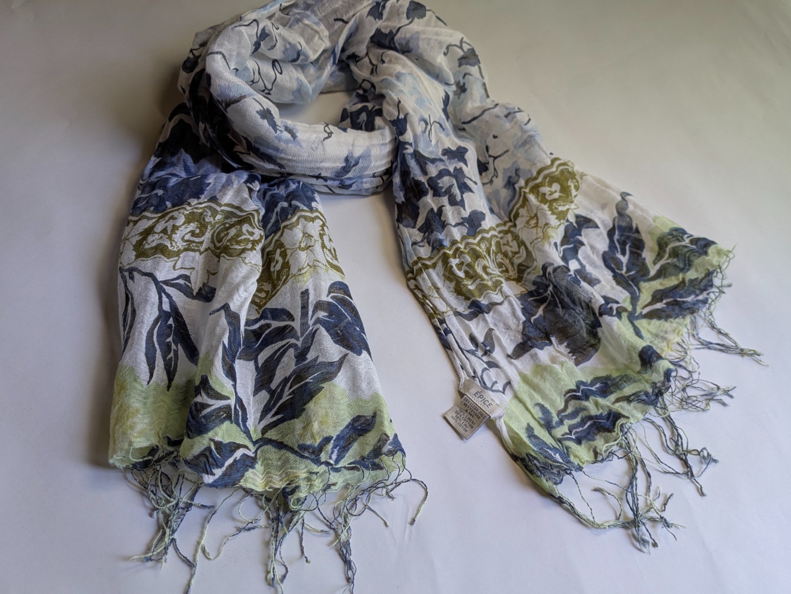 Epice Scarf Stole Fringe Floral Linen Cotton White Light Blue Authentic