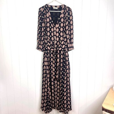 Nicholas Noura Maxi Dress Casablanca Black Tan Silk Button Up Tie Front SZ 14