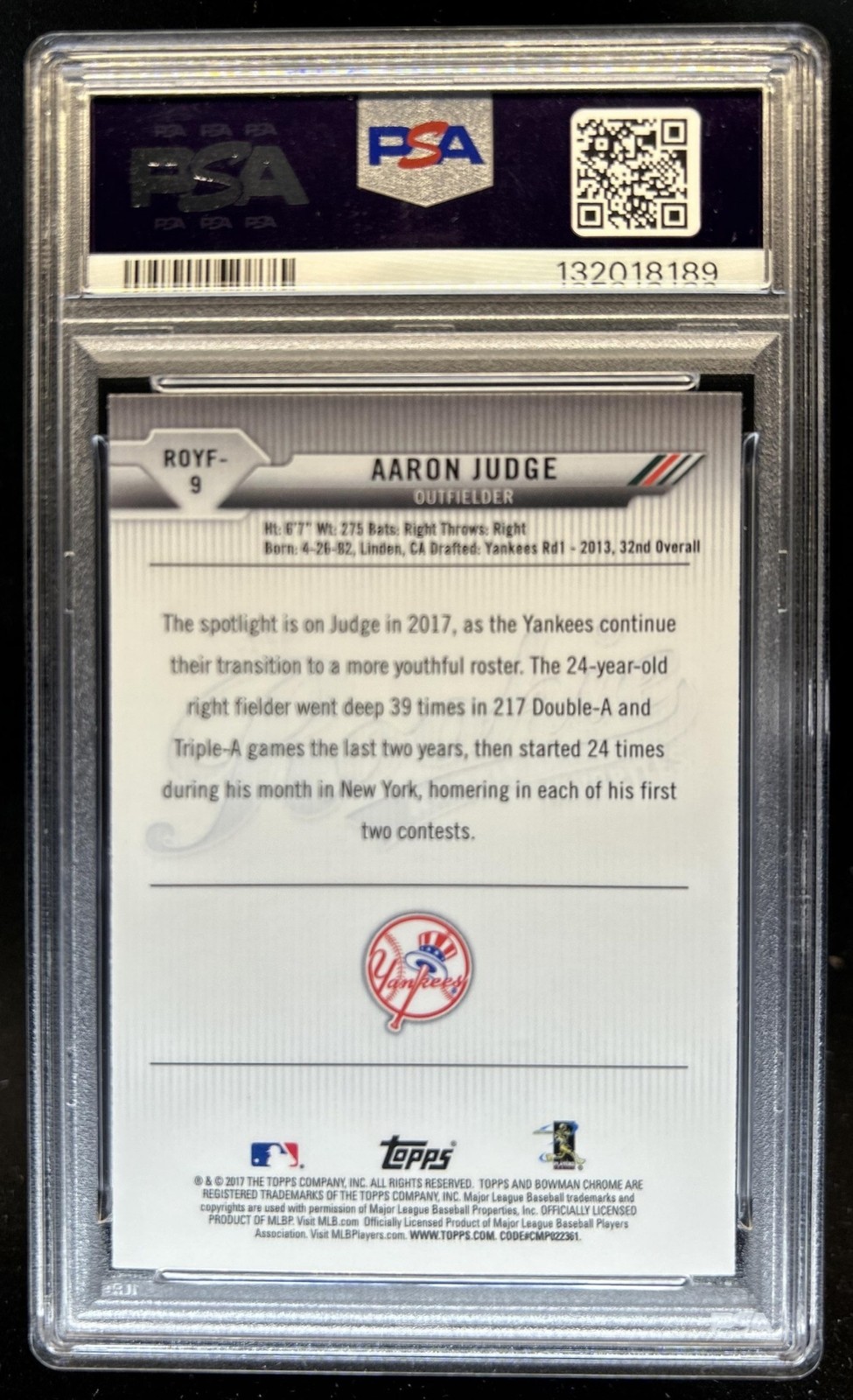 2017 Bowman Aaron Judge Rookie of the Year Favorites Chrome RC #ROYFI-AJ PSA 9 view 2