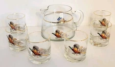 West Virginia Glass Hand Made Pheasant Cocktail Juice Pitcher & 6 Glasses MINT