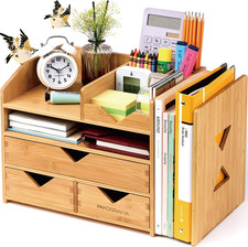 Bamboo Desk Organizer Large with Adjustable File Holder A4 Drawers Fully