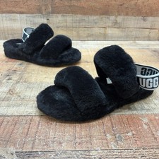 UGG Fluff Yeah Slide Slippers Womens Size 9 40 Black Shearling Logo Shoes