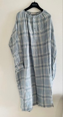 ICHI Antiquites Linen Check Long Sleeve Dress Blue Plaid Oversized Japan