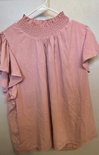 Plus size Womens Pink smocked neck blouse with flutter sleeves