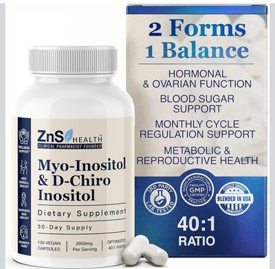 ZnS Health Myo Inositol D-Chiro Inositol 2050mg 40:1 - 120 Vegan Capsules