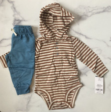 Baby Boy Carter's 2-Piece Hooded Bodysuit Pant Set Brown Stipes  Blue 6 Mo