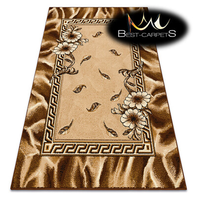Moderner toller TEPPICH ''''MORAD'''' Trio Blumen, Blätter, Rahmen Altgold beige pflegeleicht