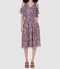 $175 Michael Kors Women's Black Floral Cold-Shoulder A-Line Dress Size XL