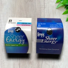 NEW Lot 2 x  L'eggs Sheer Energy Pantyhose Sz B Support Control Top Black NIB