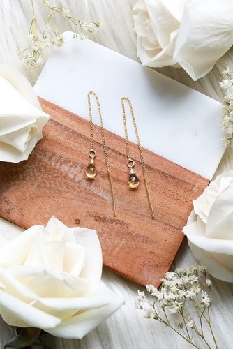 Natural Yellow Citrine Teardrop Shape Gemstone Beads Handmade Threader Earrings - Picture 8 of 8