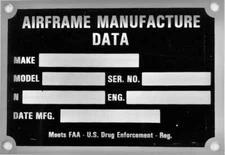 Airframe Manufacture Data Plate, FAA - U.S. Drug Enforcement Required  DPL-0121