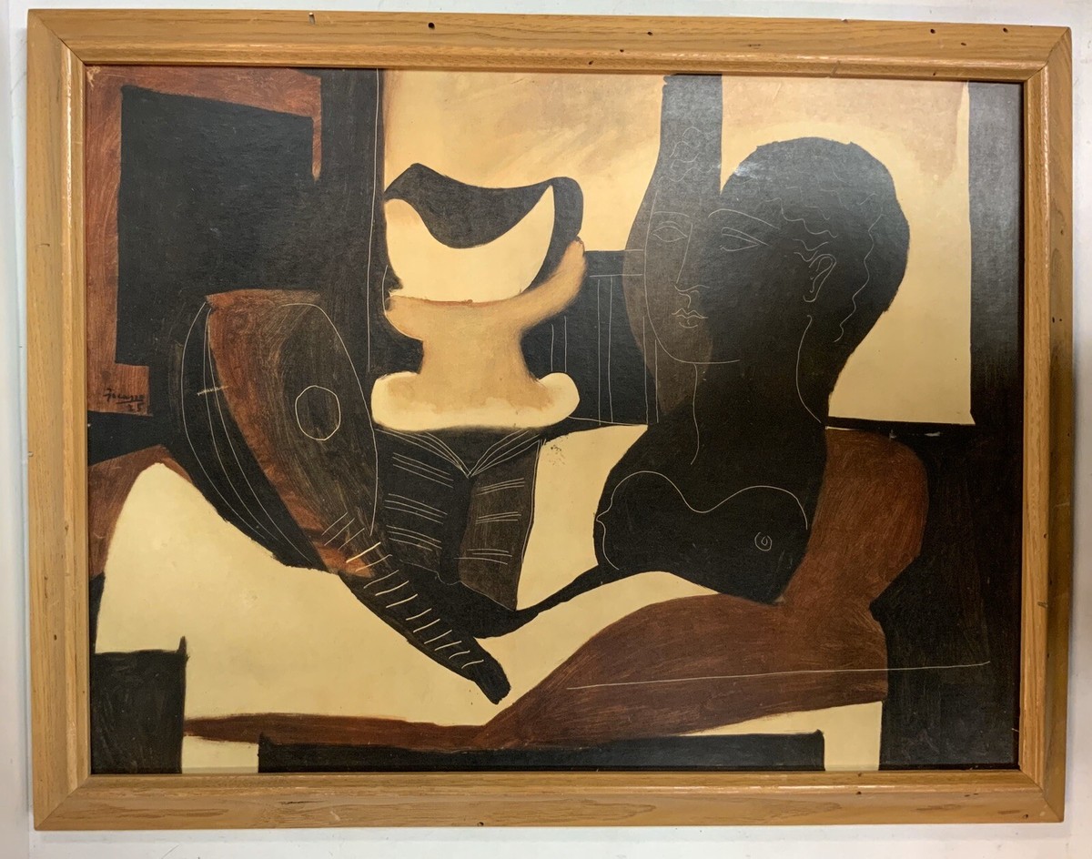 Pablo Picasso   STILL LIFE ポスター  フレーム付 Pablo Picasso Still Life With Antique Bust On Wood 22”x17