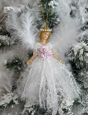 Shabby Chic Victorian Christmas White Angel Ornament Pink Roses Ribbon Feathers 