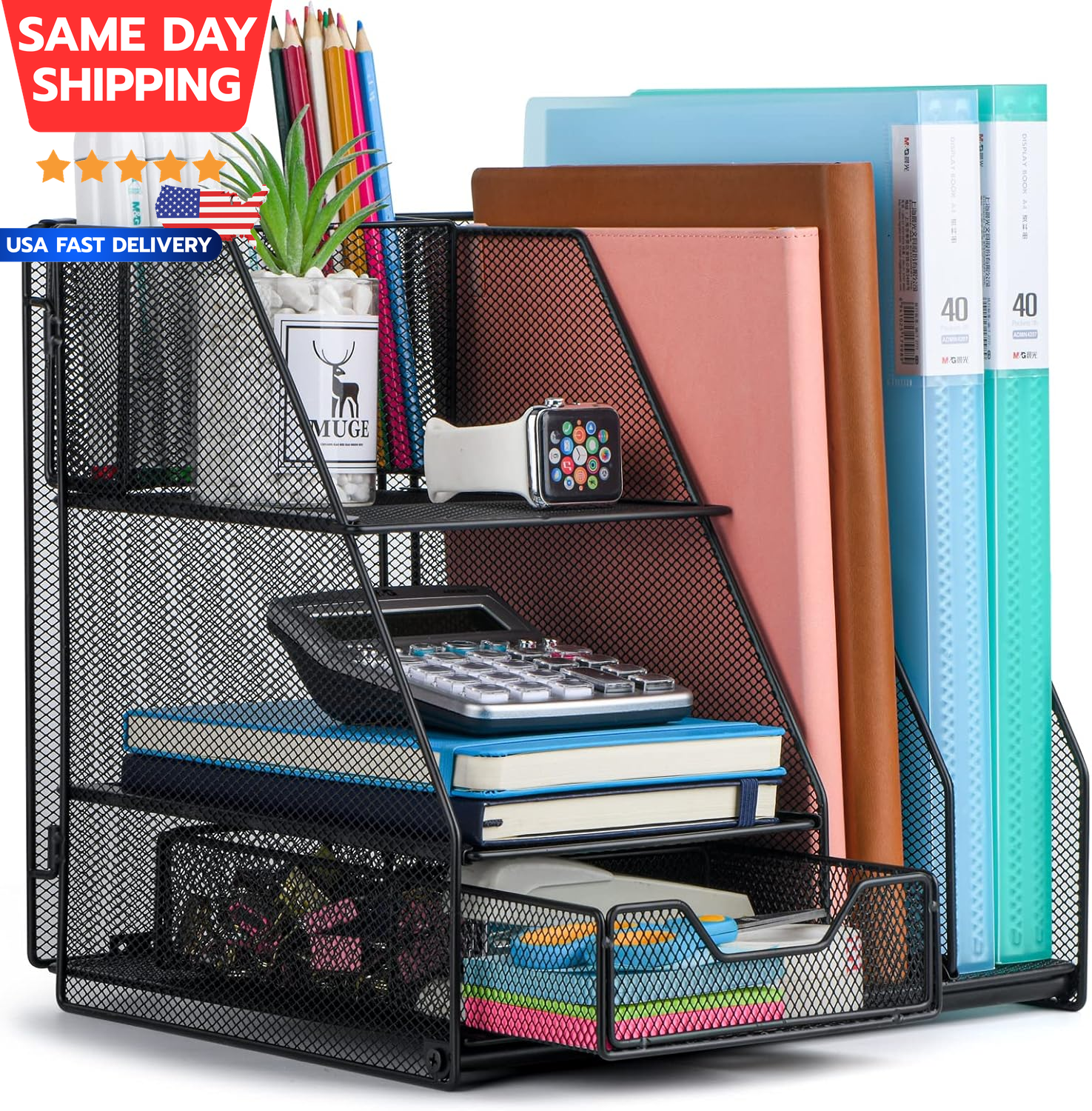 2-Tier Desk Organizer with Paper Tray and Drawer for Files