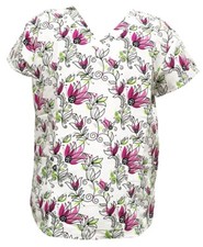 Serene Uniform Women's Medical Scrub Printed Tops White Base Drawing Flowers L