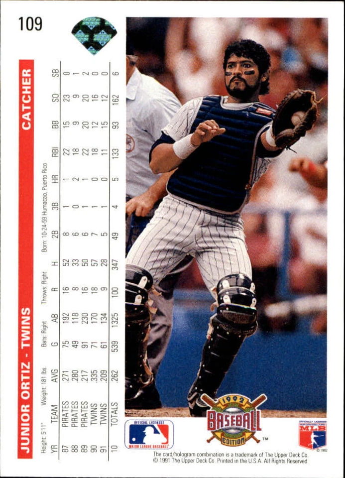 Junior Ortiz 1992 Upper Deck MLB #109 Baseball Card Minnesota Twins - Image 2 of 2