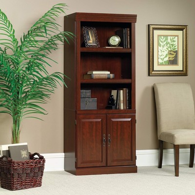 Cherry Finish 5 Shelf Bookcase Doors Bookshelf Book Case Shelves Hidden Storage 