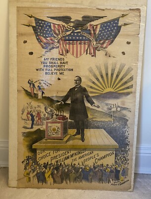 1896 William McKinley Presidential Campaign Glazed Cotton Textile  Poster  