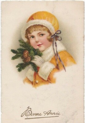Old postcard fantasy HAPPY NEW YEAR girl girl hat yellow & pineapple