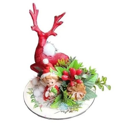 VTG Christmas Pixie Vignette Figurine Assembly Red Reindeer Ornament Decor