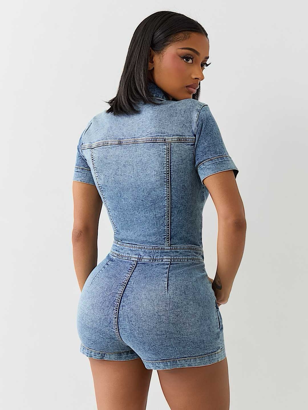 True Religion Women's Blue Denim Romper Short Sleeve Zip Front L thumbnail 3