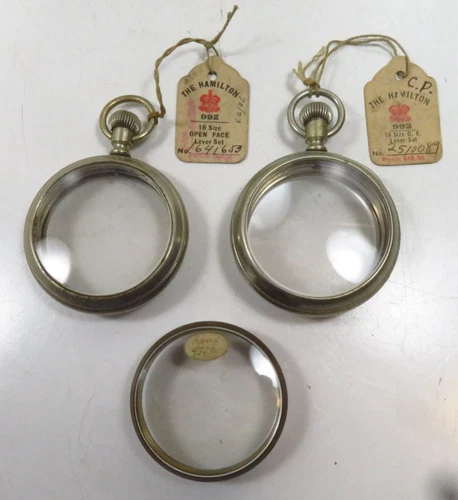 Antique Pocket Watch Cases, lot of 3 and Watch tags  Hamilton