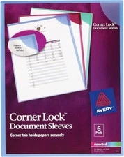 Corner Lock Document Sleeves, Holds up to 20 Sheets, Assorted Colors, 6 Plastic