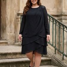 Justin David New York Black Tiered Chiffon Long Sleeve Dress with Sequin Shoulde