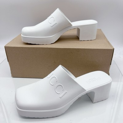Gucci Logo Rubber Platform Heel Clogs Mules Slip On 725899 White