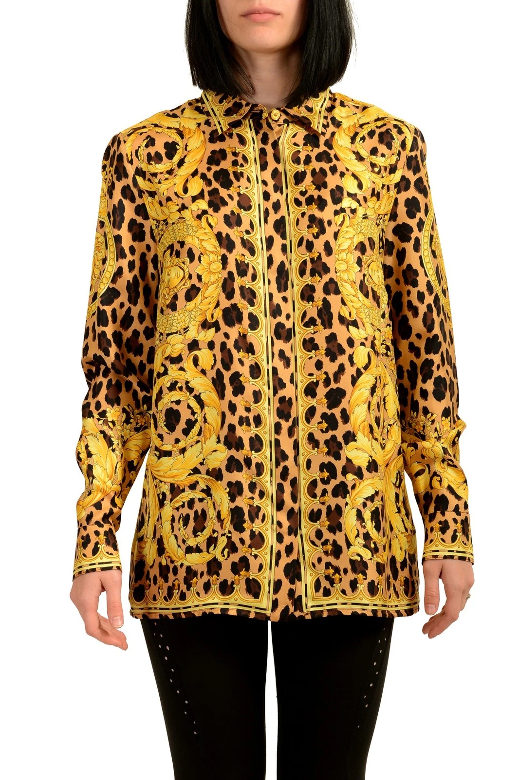 Versace — Versace Women's Leopard & Barocco 100% Silk Long Sleeve Blouse Top US S IT 40
